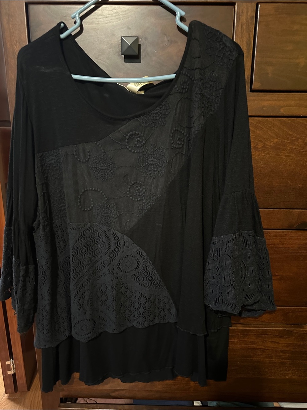Studio West Black Lace-Overlay Scoop Neck Tunic